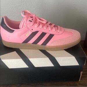 Messi Adidas Pink Samba with Dark Navy Stripes and Gum Sole